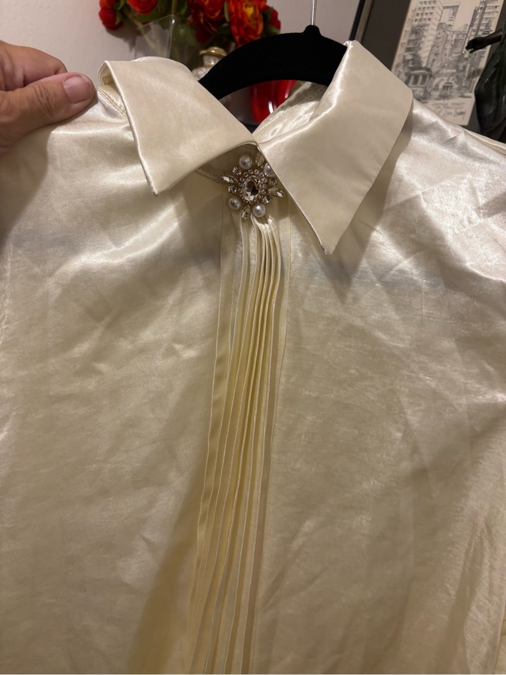Vintage Ivory Satin Blouse with Jeweled Brooch